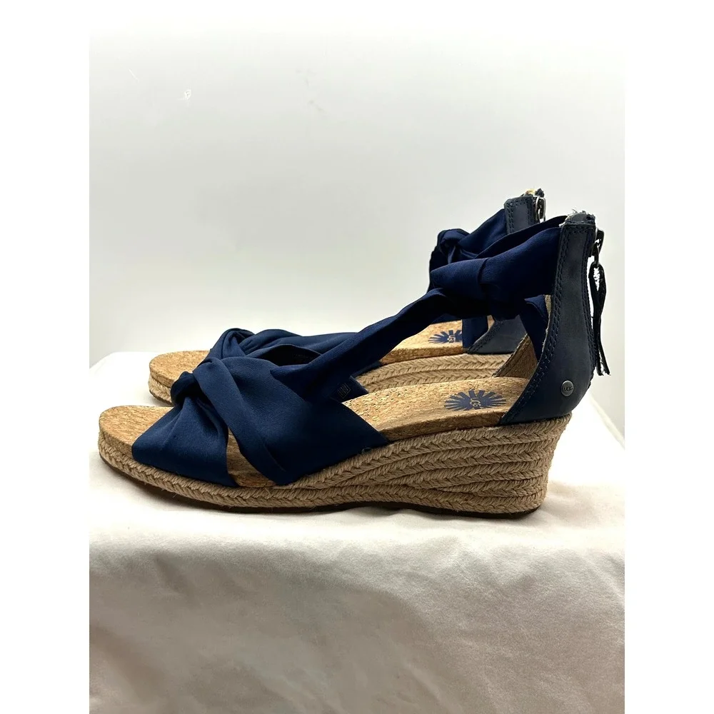 UGG Navy Blue Espadrille Wedge Sandals Ankle Tie Zipper 1011181 Womens 7.5 - Picture 2 of 11